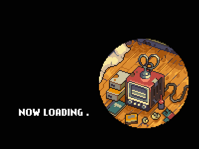 the loading animation from eastward. it says 'now loading' with a crt television shone in a spotlight